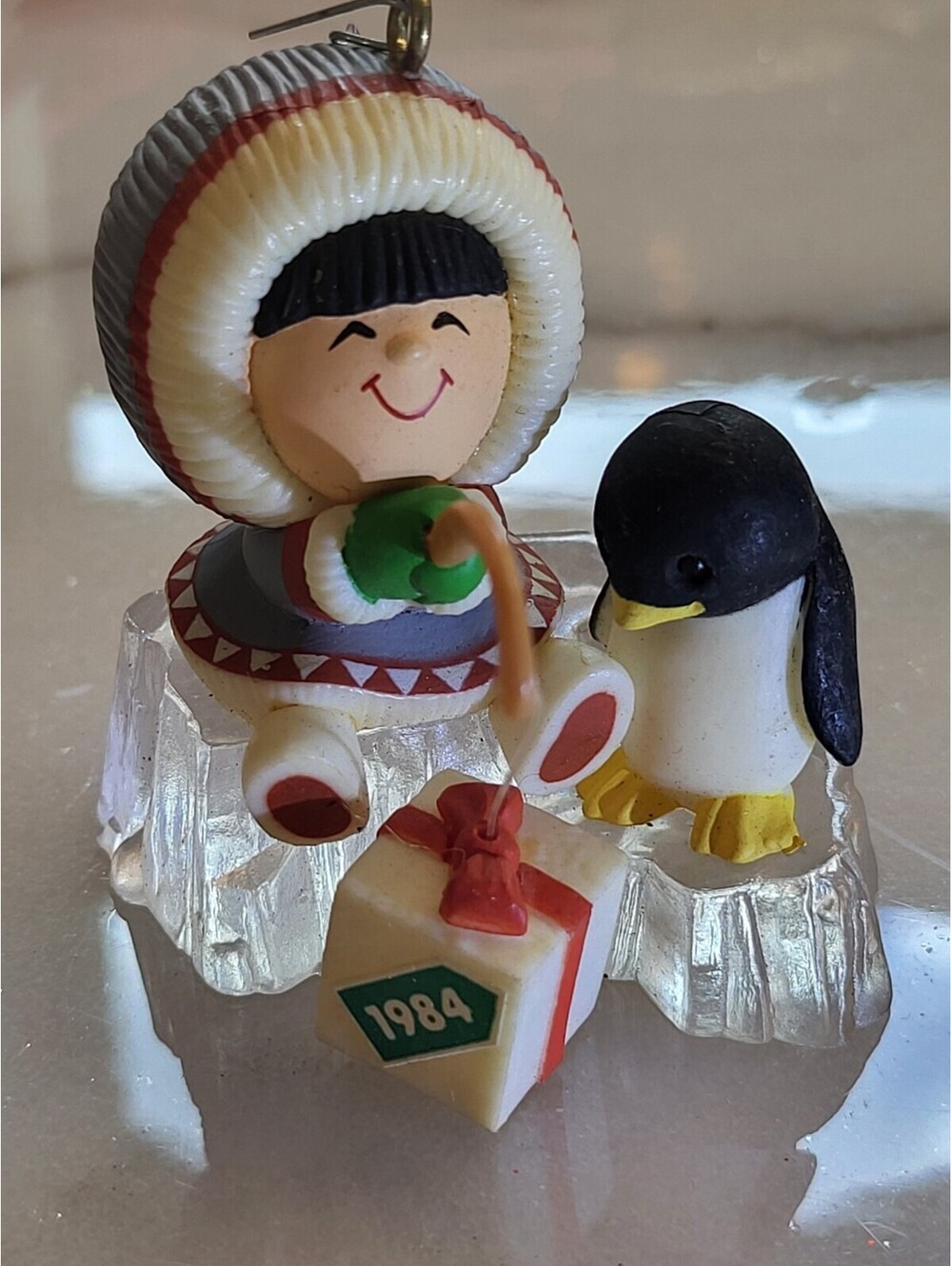 Vtg Hallmark 1984 Christmas Ornament Eskimo W Penguin Fishing EUC 3D 2.5" A16